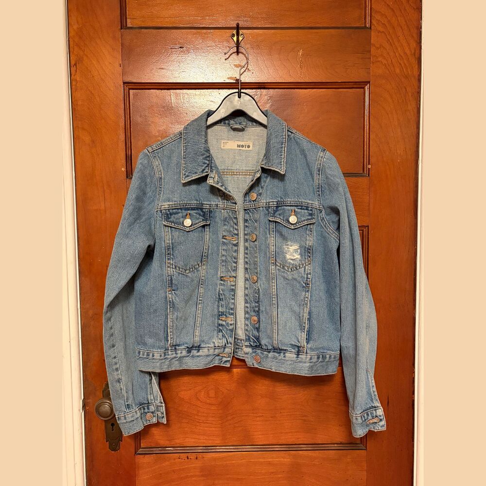 Topshop Moto Womens Medium Wash Distressed Denim Jacket